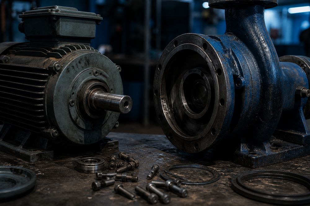 Motor y bomba industrial en banco de trabajo